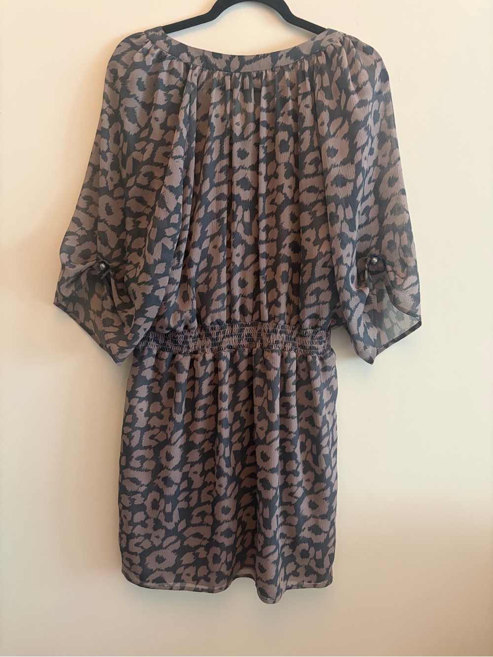Express Taupe and Black Leopard Print Smocked Waist Dress Women’s Large - Picture 4 of 8